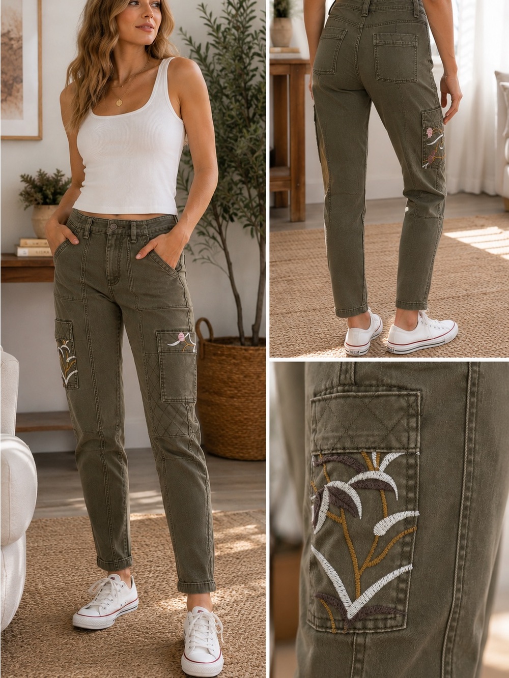 Anthropologie Olive Green Embroidered Straight-Leg Cargo Pants